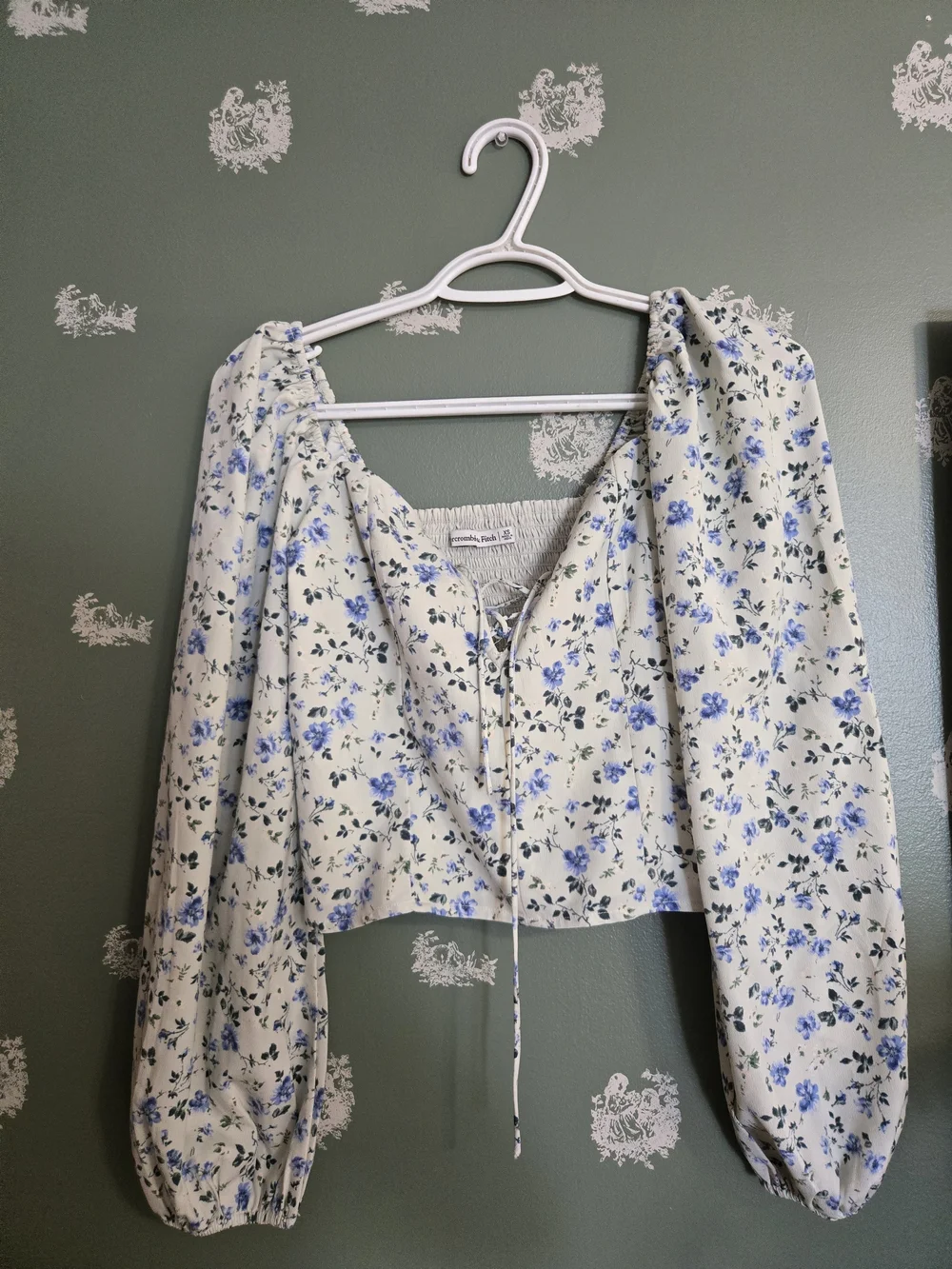 Abercrombie & Fitch Cream Blouse with Blue Floral Lace-Up Front